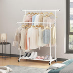 Calmootey Double Rod Clothing Garment Rack,Rolling Hanging Clothes Rack,Portable Clothes Organizer for Bedroom,Living Room,Clothing Store,White
