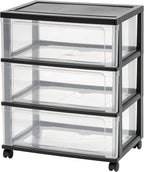 IRIS USA Plastic Drawer Storage Organizer Rolling Cart, with Wheels Casters, 3-Drawers, for Art Craft Supplies Bathroom Dorm Bedroom Laundry Room, Wide, Black