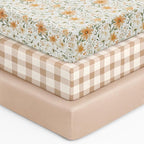 Baby Crib Sheets for Boys Girls, 28x52x8in Fitted Crib Sheet Neutral 3 Pack for Standard Crib and Toddler Mattress, Breathable Soft Microfiber Baby Sheet Orange Flowers & Plaid