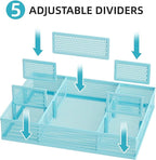 Marbrasse 2 Pack Desk Drawer Organizer, Mesh Drawer Organizer Tray with 8 Adjustable Compartments, Desk Organizers and Accessories, 5 Dividers Drawer for Office Supplies, Makeup & Vanity (Blue)