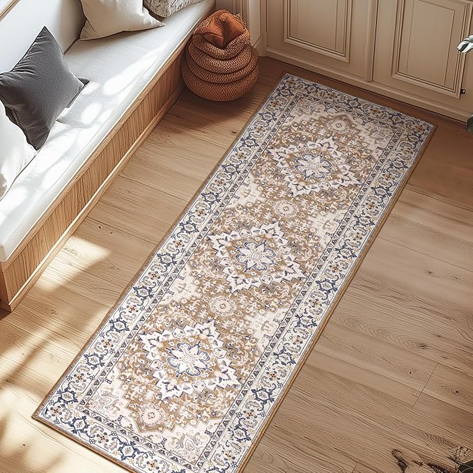 Lessymo 2 x 6 Runner Rug- Machine Washable Area Rugs Boho Faux Wool Low Pile Area Rug for Bedroom, Floral Medallion Vintage Rugs with Non-Slip Rubber,Brown Beige