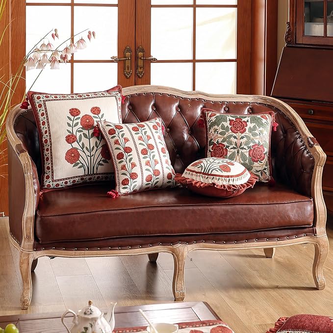 Vintage Rectangle Throw Pillow Covers Pack of 2,Red Cozy Velvet with Leaves and Floral Pattern Pillowcases,Decor Longer Lumbar Pillows Cushion Covers for Living Room Couch Sofa Bed,12"x28"