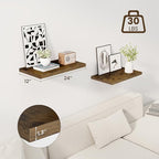 Dreamland 24" Floating Shelves for Wall, 12" Deep Slim Rustic Brown Floating Shelves, Wall-Mounted Shelves for Bedroom, Living Room, Kitchen, Bathroom - Set of 2
