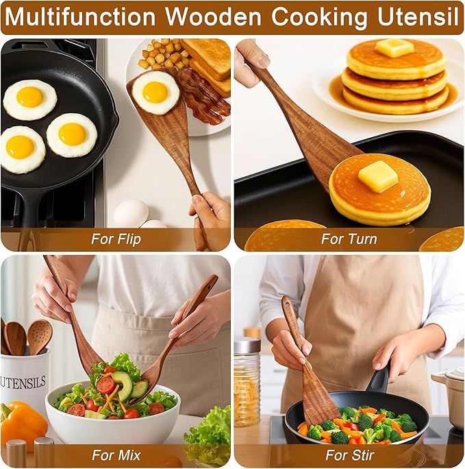 Jilla-hla Wooden Spatula Nonstick Turner Acacia Wood, Long Handle Flat Frying Spatulas Handmade for Kitchen Gifts, Ideal Cookware Utensils for Cooking Eggs, Fish, Pancakes