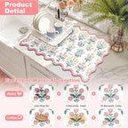LOKHOM Scalloped Floral Dish Drying Mat, 12"x20" Super Absorbent Coffee Mat with Unique Pink Pastoral Floral, Cuttable Hide Stain Non-slip Drying Mat for Kitchen Counter Coffee Maker Espresso Machine