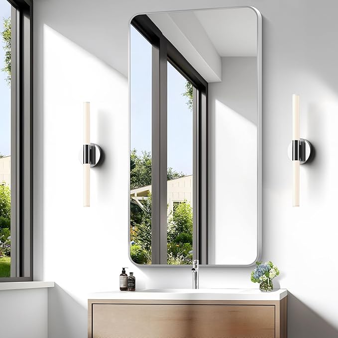 BONEWEI Silver Bathroom Mirror,24x48 inch Wall Mirror for Bathroom Wall Mounted,Rectangle Mirror for Bathroom Over Sink,Modern Frame Round Corner for Living Room,Bedroom Entryway,Horizontal/Vertical