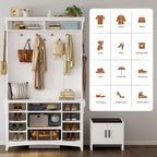 IRONCK Hall Tree with Bench and Shoe Storage, 6-in-1 Entryway Bench with Coat Rack, Adjustable Shelf, Hanging Hooks, 11 Shoe Cubbies, 2-Tier Top Storage, for Entryway, Bedroom, Living Room, White