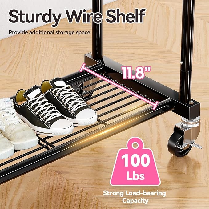 SUFAUY Commercial 80" H Clothes Rack for Hanging Dresses, Extend 50“L Double Rolling Garment Rack on Lockable wheels with Adjustable Rod and Storage Shelves, Load 350 LBS, Black