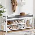Homaxy 2-Tier Shoe Rack Bench with Side Holder, 39.4 in Bamboo Entryway Bench, Shoe Rack Organizer with Cushion for Front Entrance, Hallway Living Room Bedroom, White and Dark Grey