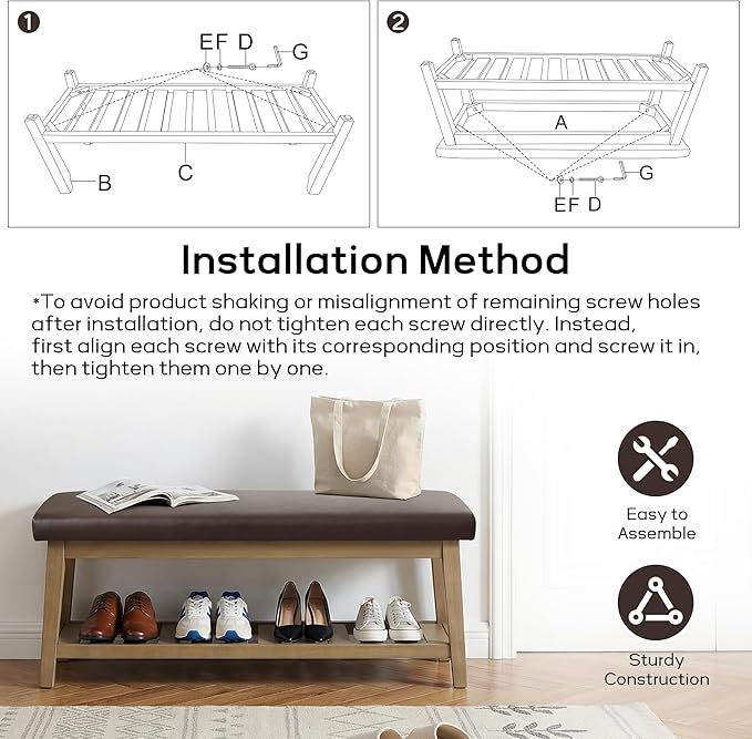 HUIMO Entryway Shoe Bench with Cushion, End of Bed Bench,Upholstered Bench for Kitchen, Bench with Solid Wood Shelf, Leather Ottoman Bench for Hallway, Living Room (PU-Brown)