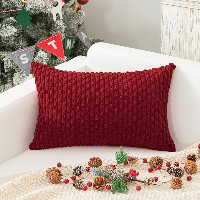 Kevin Textile 12x20 Inch Pillow Cover 1 Pack Boho Christmas Decorative Soft Striped Corduroy Lumbar Farmhouse Color Accent Rectangle Cushion Case for Living Room Couch Sofa Bed, Burgundy