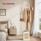 Tajsoon Coat Rack Freestanding, Coat Stand with Wooden Storage Basket, Coat Tree with 6 Hooks, Rattan Coat Hanger Stand for Living Room, Bedroom, Office, White