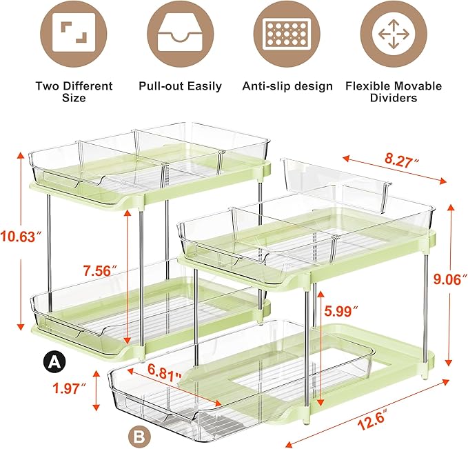 Delamu 2-Tier Multi-Purpose Bathroom Under Sink Organizers and Storage, Stackable Kitchen Pantry Organization, Pull Out Medicine Cabinet Organizer with Movable Dividers, Green, 2 Pack