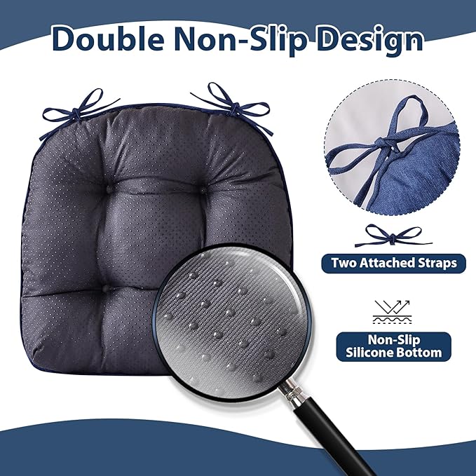 Chair Cushions for Dining Chairs, Seat Cushions for Kitchen Chairs, Indoor Seat Cushions with Ties, Tufted Foam Chair Pads, Non Slip Chair Cushions Set of 4, 15.5" x 15.5" x 4", Navy Blue