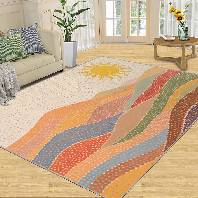 Boho Sun Area Rugs 5x6ft, Mosaic Sunburst Rugs for Kids Bedroom, Dotted Gradient Hills Office Rug Low Pile are Not Stumbling Foot for Living Room End Table Nursery
