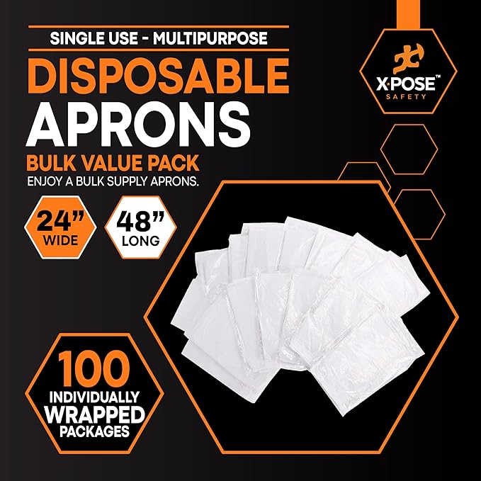 Xpose Safety 100 White Plastic Disposable Aprons for Cooking & more Individually Packaged, Durable 1 Mil Waterproof Polyethylene 24" x 48"