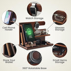 Wood Phone Docking Station for Men - 360° Rotating Nightstand Organizer with Rotating base, Charging Slot, Holds watch, Wallet, Keys, Eyewear - Birthday Gifts for Men & Women, Bedroom or Office Use, Dark Brown