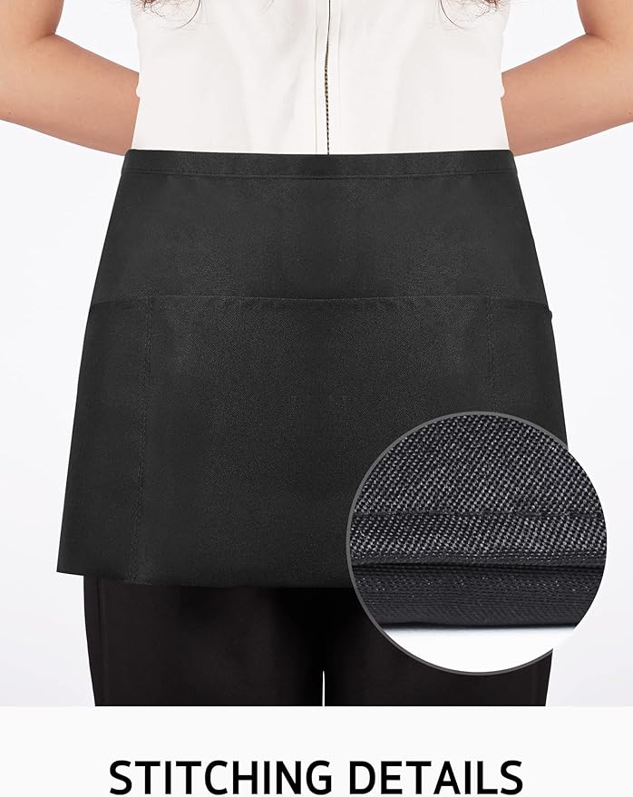 Syntus 3 Pack Server Aprons with 3 Pockets, 100% Cotton Waitress Waiter Waist Apron, 11.5-inch Black