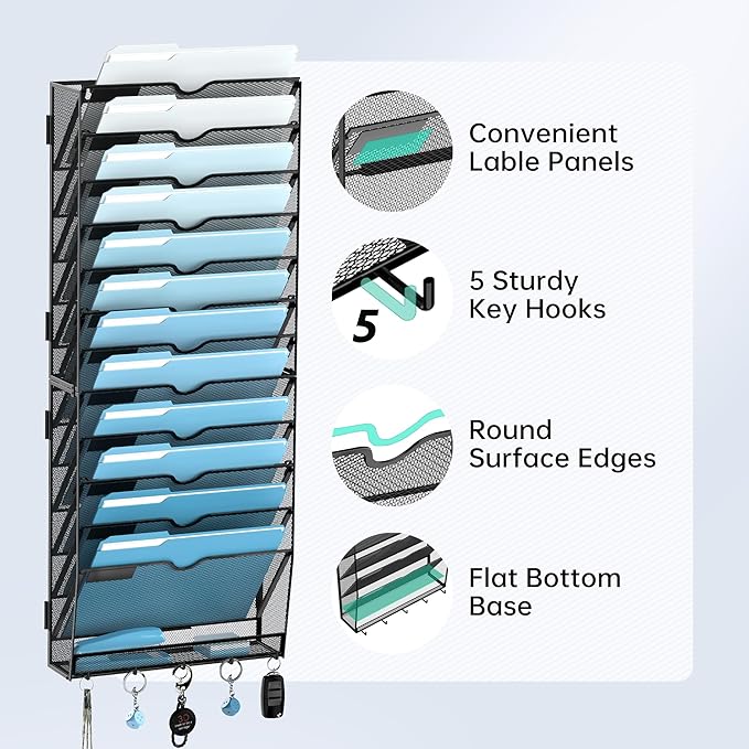 SUPEASY 13-Tier Wall File Holder Organizer with Hooks, Mesh Hanging File Organizer, Mail Organizer Wall Mounted for Papers, Folders, Office Magazine Rack, Assembly Needed, Black 2 pack