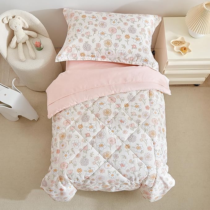 DuShow Floral 4 Piece Girls Toddler Bed Comforter Set Pink Flower Reversible Toddler Bedding Set Soft Baby Crib Bed Sheets Set in a Bag | Include Quilt Comforter,Flat Sheet,Fitted Sheet,Pillowcase