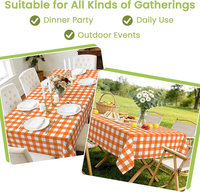 Mulbozy Orange Gingham Tablecloth 4 Pack, 54 x 108 Inch Plastic Table Cloth Disposable, Orange and White Checkered Table Cover for Party Supplies