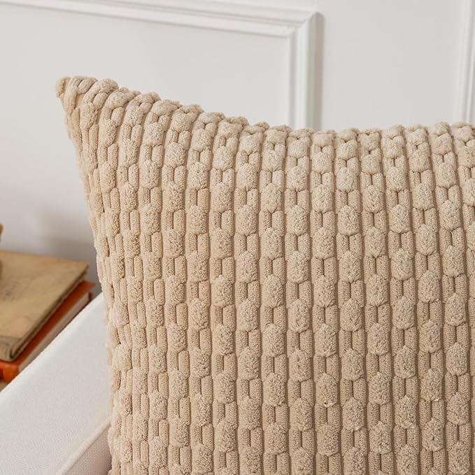 Kevin Textile 12x20 Inch Pillow Cover 1 Pack Boho Decorative Soft Striped Corduroy Lumbar Farmhouse Solid Color Accent Rectangle Cushion Case for Living Room Couch Sofa Bed, Beige