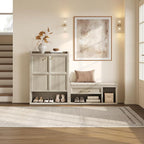 SICOTAS Shoe Benches with Storage Set of 2, Farmhouse 86.6" Extra Wide Entryway Benches with Cushion, Drawer & Tall Boot Shelf, 18.9" Comfort Height Seat for Hallway Bedroom Mudroom, Grey White Oak