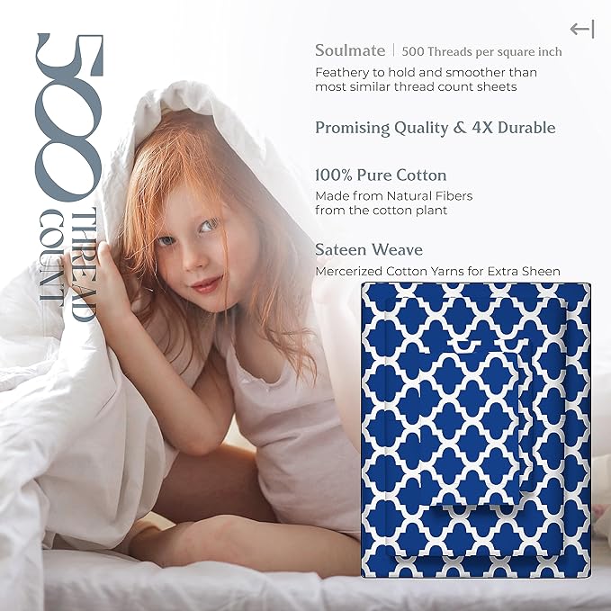 Mayfair Linen 100% Cotton Printed California King Cotton Sheets - 4 PC Cal King Size Bed Sheet Set Cotton (Quatrefoil Navy), Soft, Cooling, Sateen Weave 16" Deep Pocket Bedsheet (Fits 18" Mattress)