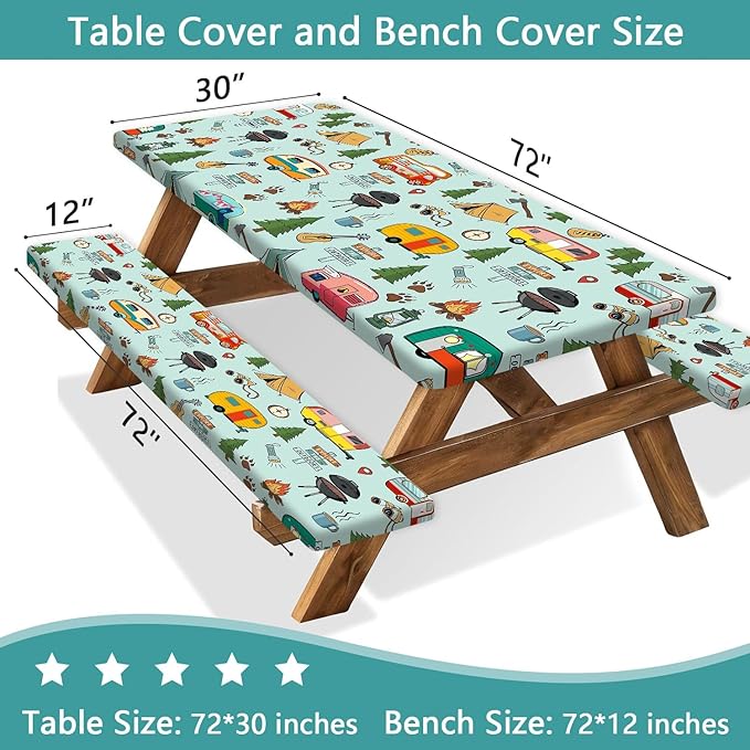 Camping Picnic Table Cover with Bench Covers and Bag, Camping Essentials, Waterproof Windproof Fabric, Fitted Tablecloth Cover with Elastic Edge, for Indoor & Outdoor, Garden, 3 PCS, 30x72 Inch