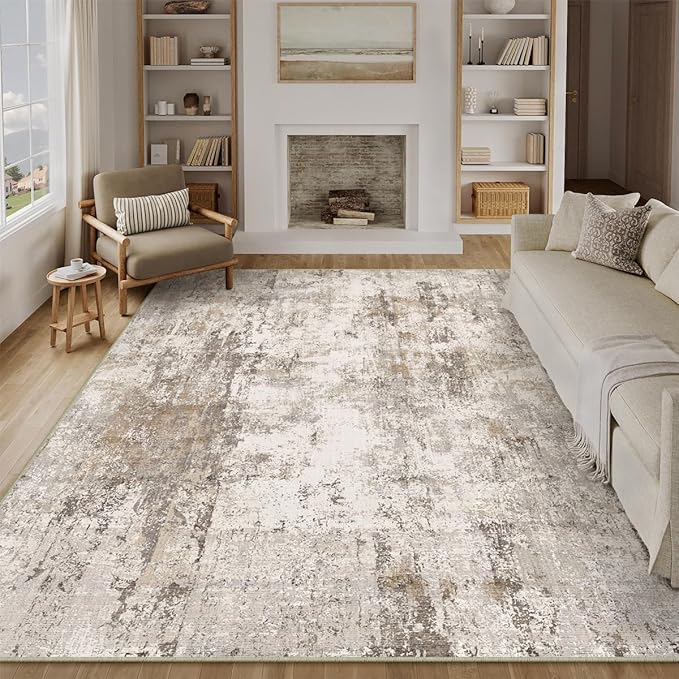 10x12 Area Rug Brown Grey Abstract Living Room Bedroom Washable Carpet Neutral Modern Non Slip Soft Low Pile Indoor Large Throw Rug for Dining Room Office