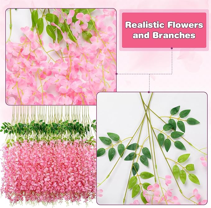 Alotiki Wisteria Hanging Flowers,Fake Hanging Flowers,Wisteria artificiales Garland for Home Wedding Arch Floral Party Garden Ceremony Outdoor Decor,3.6 feet Long(48,Pink)