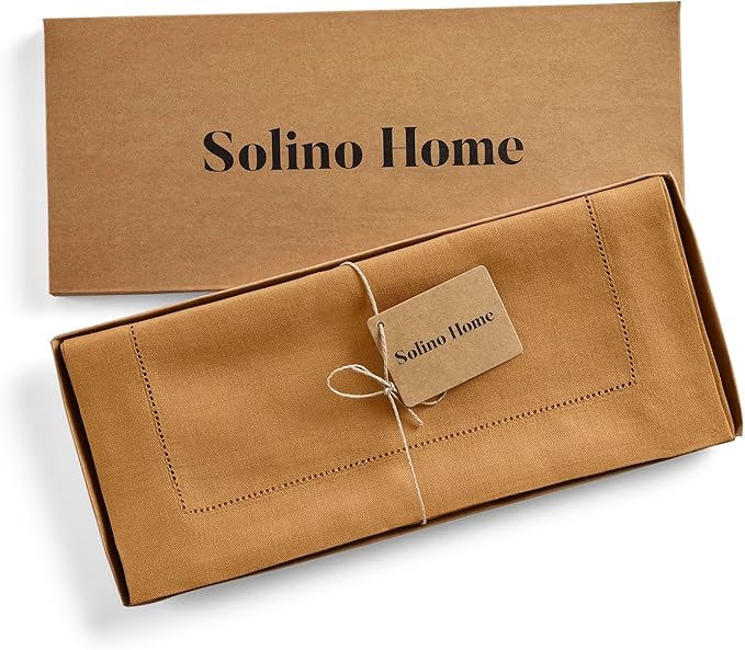 Solino Home Linen Brown Sugar Table Runner 132 Inches Long - 100% Pure Linen Extra Long Table Runner 14 x 132 Inch - Classic Hemstitch