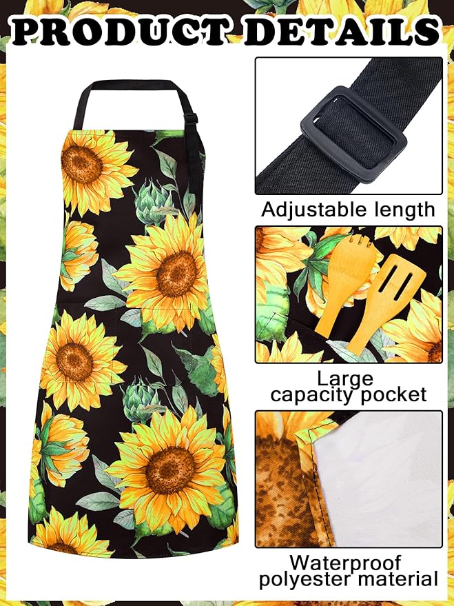 Bencailor 6 Pcs Spring Kitchen Aprons with Pockets Flower Rooster Bee Butterfly Sunflower Summer Aprons Bulk for Women(Yellow, Black, White,Sunflower Bee)