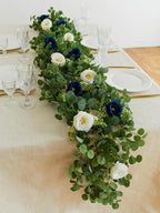 PARTY JOY 2pcs 6.56ft Eucalyptus Garland with Flowers-8 Blue White Roses, Artificial Fake Flowers Greenery Garland Floral Vines for Decoration Party Wedding Table Indoor Outdoor Backdrop Wall Decor