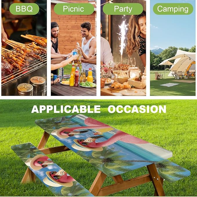 ANNA QUEEN Summer Flamingos Summer Flower Picnic Table Cover 6FT with Bench Covers Picnic Table Cover Set 3PCS 72"x30", Outdoor Bench and Tablecloth Furniture Protection