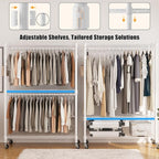 BATHWA Clothes Racks for Hanging Clothes, 25 mm tube Heavy Duty 47.3" W x 17.7" D x 80.7" H Large Wardrobe Rack with Shelves & Wheels Rolling Metal Commercial Multifuctional, White