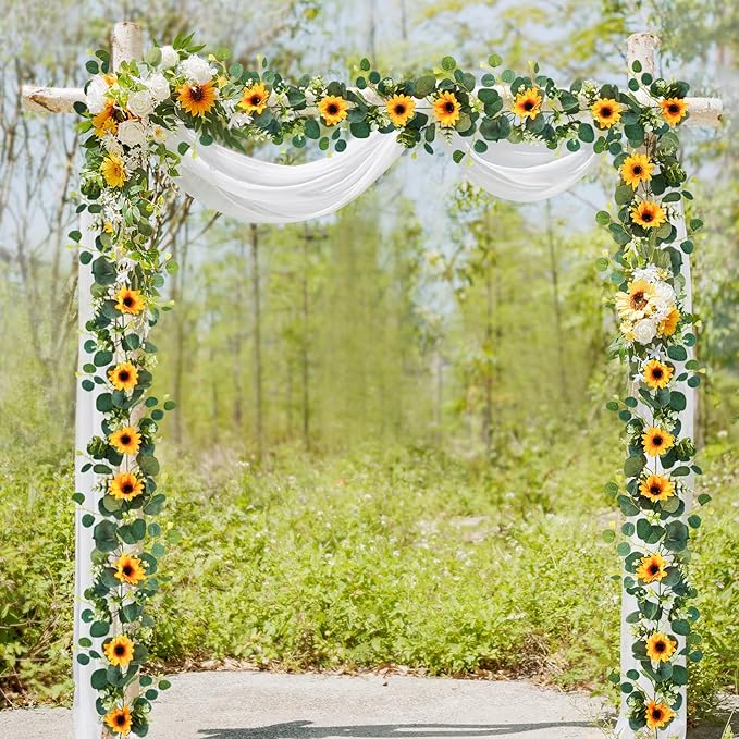 Uieke 2 Pack Artificial Sunflower Garland, 6ft/Strand Silk Sunflowers Hanging Vines Flowers Garland with Green Leaves for Room Kitchen Garden Birthday Wedding Baby Shower Party Table Decor