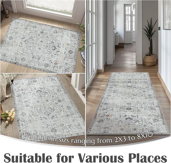 jinchan Kalen Runner Rug 2x10 Washable Area Rug Soft Vintage Hallway Indoor Floor Stair Runner Thin Retro Distressed Carpet Grey Floral Country Non Slip Bathroom Kitchen Bedroom Living Room Stairway