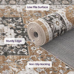 DEXI 5x8 Area Rug for Living Room, Washable Vintage Farmhouse Thin Rug Indoor Floor, Non Slip Stain Resistant Low Pile Carpet for Dining Room Bedroom Office, Brown
