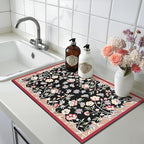 LOKHOM Floral Dish Drying Mat, 12"x20" Super Absorbent Non-slip Bordered Coffee Mat with Oil Painting Black Floral, Cuttable Hide Stain Drying Mat for Kitchen Counter Coffee Maker Espresso Machine