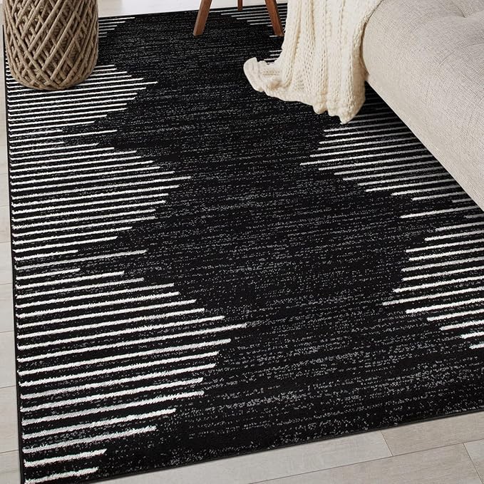 Rugshop Bohemian Stripe Stain Resistant High Traffic Living Room Kitchen Bedroom Dining Home Office Area Rug 3' x 5' Black