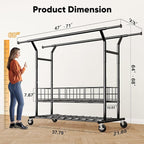 HOKEEPER Heavy Duty Clothes Rack Load 635 LBS, Clothing Rack for Hanging Clothes, Adjustable Black Double Rod with Metal Basket, Portable Rolling Garment Rack with Wheels for Bedroom, Laundry Room