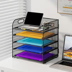Cawukege 5 Tier Paper Organizer with Handle, Black Metal Mesh Desk Organizer File Folder Paper Letter Tray Desktop Document Sorter for Classroom, School, Office Accessories Organization and Storage