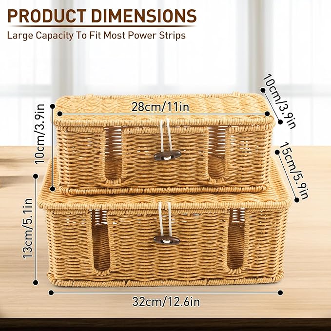 Cable Management Box - 2 Pack Cord Hider Organizer Boxs - Small & Medium Szie Power Cover Cord Box, Handwoven Rattan Cable Organizer for TV Computer USB Hub Power Strips & Cords