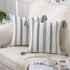 Smile Bee Spring Boho Outdoor Throw Pillow Covers Set of 2, Decorative Woven Striped Pillow Covers with Tassels for Couch Bed Sofa, 18x18 Inch, Navy Blue and Cream White