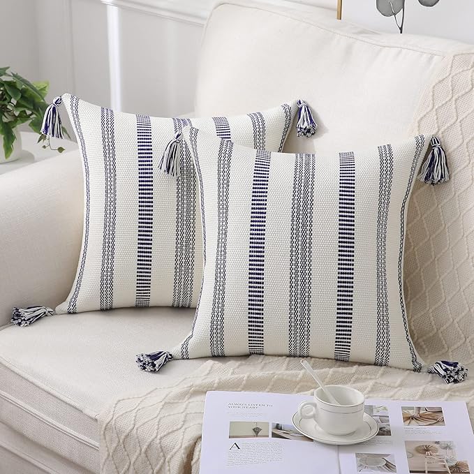 Smile Bee Spring Boho Outdoor Throw Pillow Covers Set of 2, Decorative Woven Striped Pillow Covers with Tassels for Couch Bed Sofa, 18x18 Inch, Navy Blue and Cream White