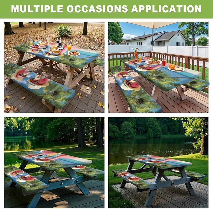 ANNA QUEEN Summer Flamingos Summer Flower Picnic Table Cover 6FT with Bench Covers Picnic Table Cover Set 3PCS 72"x30", Outdoor Bench and Tablecloth Furniture Protection