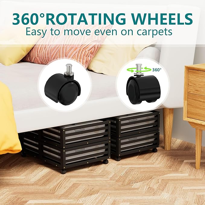 Bamboo Under Bed Storage Containers- Underbed Organizer with Wheels with Large Capacity Dust Bag,Sturdy Wood Rolling Under Bed Shoe Storage Organizer 2 Packs (Black, 2 Packs (23.62"×16.54"))