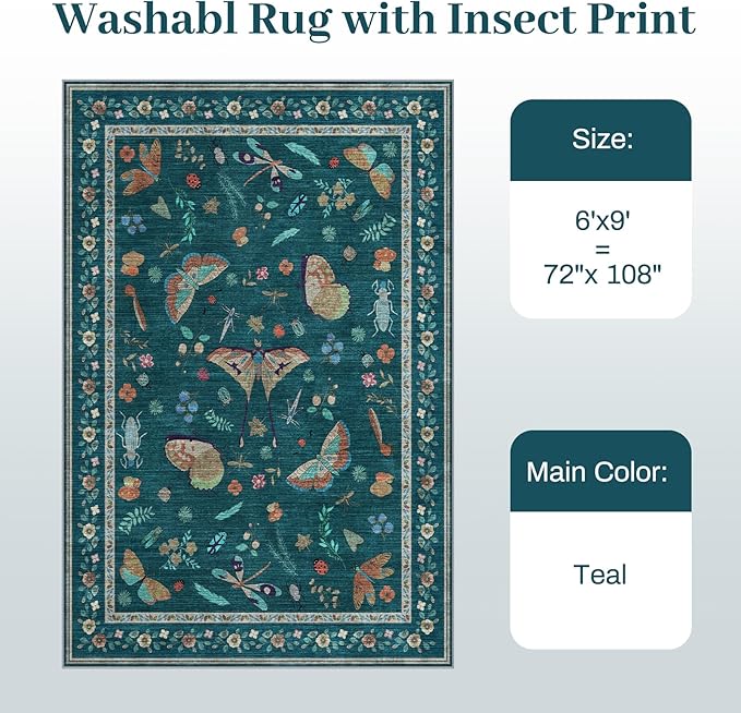 6x9 Rugs for Living Room with Insect Print - Bug Rug Non-Silp Stain Resistant Soft Carpet for Bedroom, Low Pile Ultra-Thin Machine Washable Carpet for Dining Room, Kids Nursery, Office (6'x9' Teal)