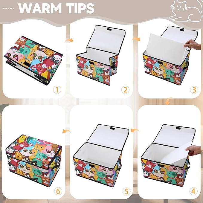 Stackable Clothes Storage Bins with Lids,Closet Organizers Fabric Cat Printing Box for Home and Office,Blanket Clothes Organizers,Under Bed Storage Containers 3 Pack.